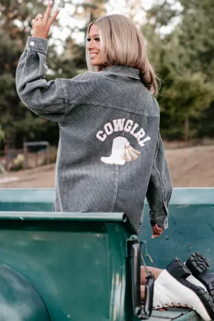 Cowgirl Please Corduroy Patch Distressed Shacket (Grey)