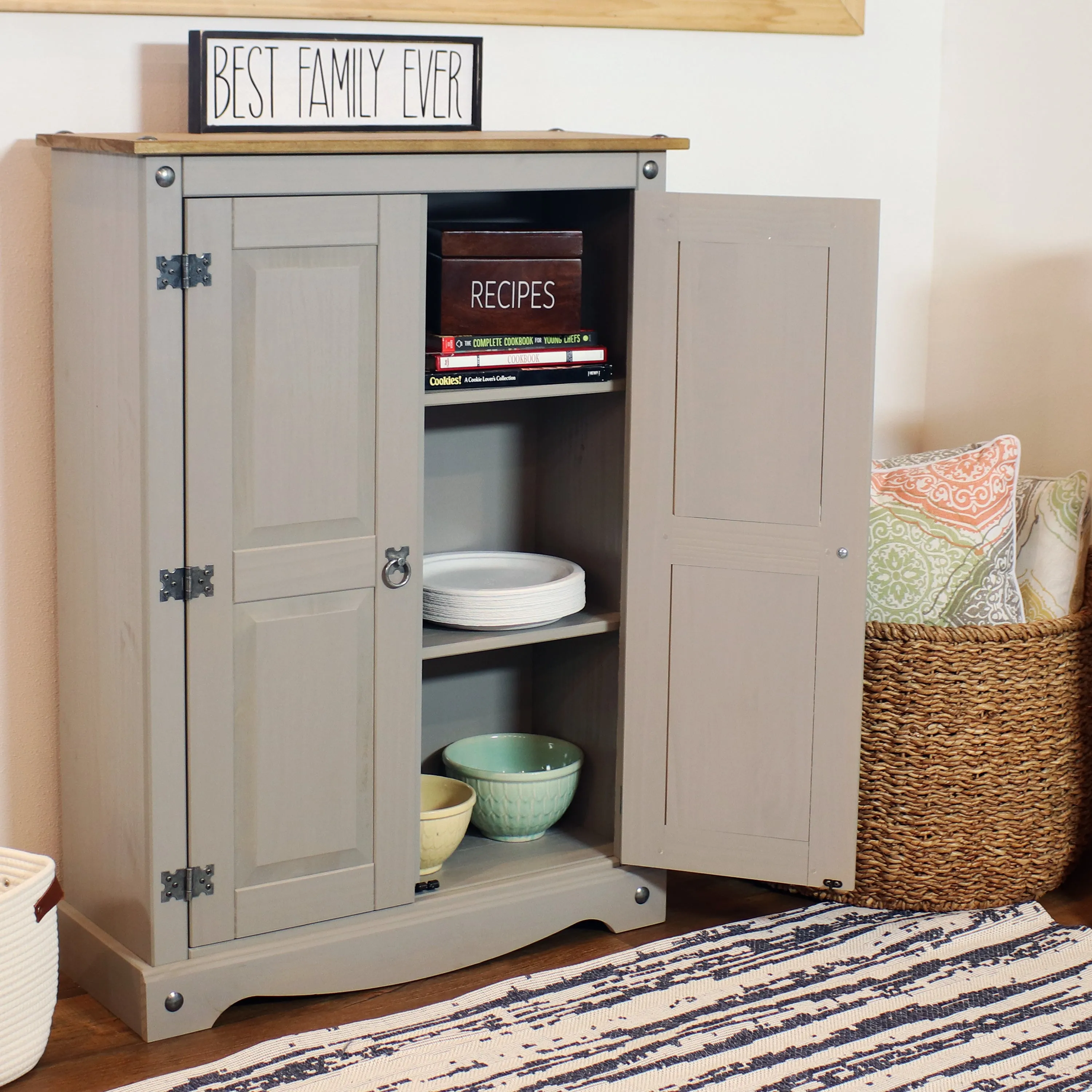 Sunnydaze 2-Door, 2-Shelf Solid Pine Storage Cupboard - Gray - 43" H