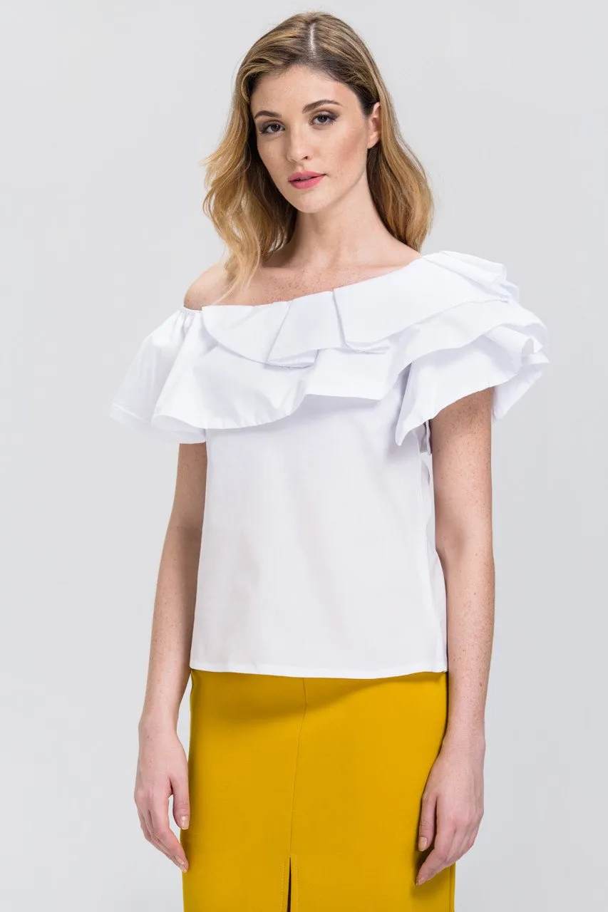 White One-Shoulder Ruffle Tiered Top